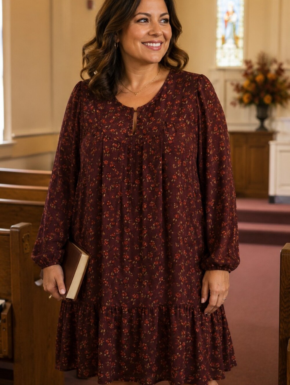 Burgandy Floral Key Hole Neck Long Sleeve Dress. In EUC